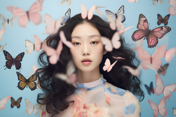 Beautiful Asian woman with long dark hair surrounded by butterflies in front of blue studio background