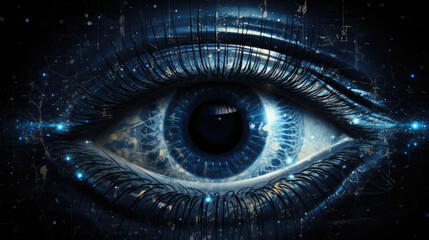 Electronic eye concept, technologies for the global surveillance, human or robot cyborg eye...
