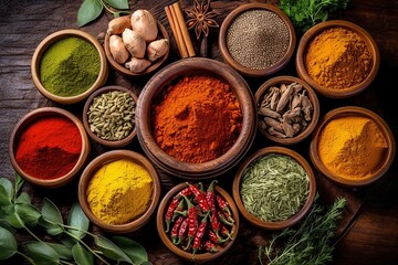 Different types of spices, plenty colorful powders and seeds to improve flavor of food - obrazy, fototapety, plakaty