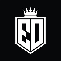 ED Logo monogram bold shield geometric shape with crown outline black and white style design
