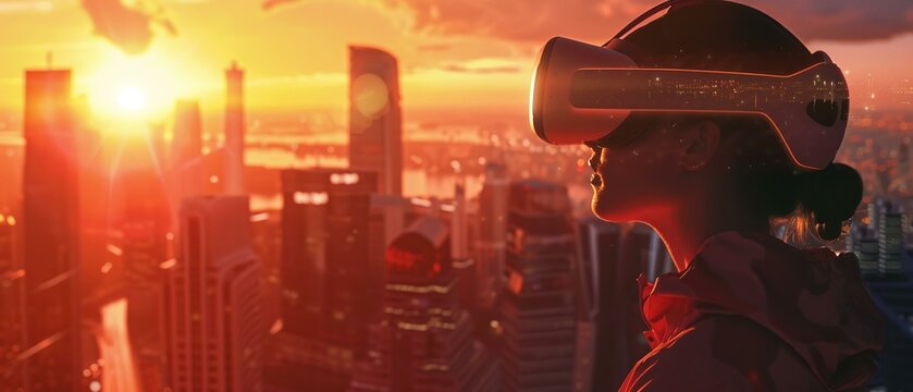 A person immersed in a virtual reality experience, with the city skyline at sunset seamlessly blending into the digital interface of the VR headset - Powered by Adobe