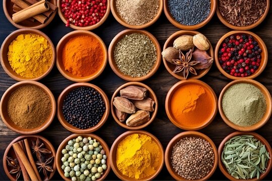 Different types of spices, plenty colorful powders and seeds to improve flavor of food