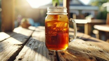Mason jar of cold tea on wooden table 