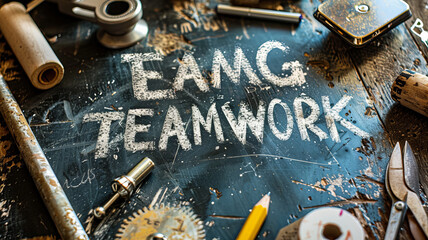 text "TEAMWORK" draw with white chalk on blackboard with business elements,generative ai
