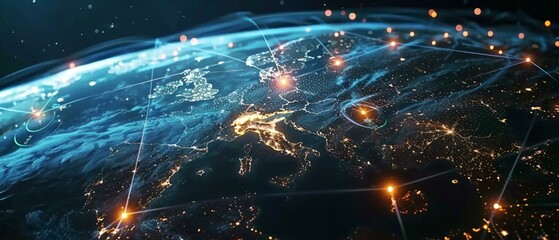 Fototapeta premium A glowing digital representation of Earth with illuminated network connections highlights global communication and data exchange against a backdrop of city lights at night