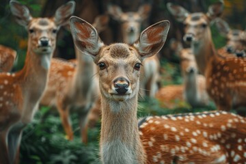 Obraz premium Multiple spotted deer gather attentively in a rich, green forest environment, creating an enchanting wildlife scene
