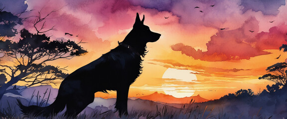 A dog standing alone in a field at sunset. Black silhouette of a dog. Illustration in watercolor style. Abstract watercolor painting.