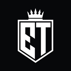 ET Logo monogram bold shield geometric shape with crown outline black and white style design