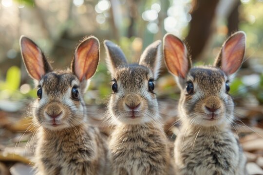 Close-up image of three adorable rabbits sitting closely together amongst leaves with their ears perked up