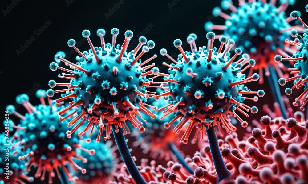 Poster this image offers a close-up view of virus particles, featuring a vivid interplay of turquoise and c