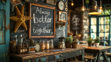 Abwaschbare Fototapete Positive Typografie text "Always better together." draw with white chalk on blackboard with business elements,generative ai