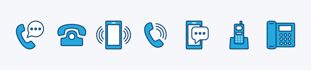 Phone icon set. Sign and symbol of ringing cell phone, mobile, and smartphone. Containing telephone call center, contact us, communication. Vector illustration