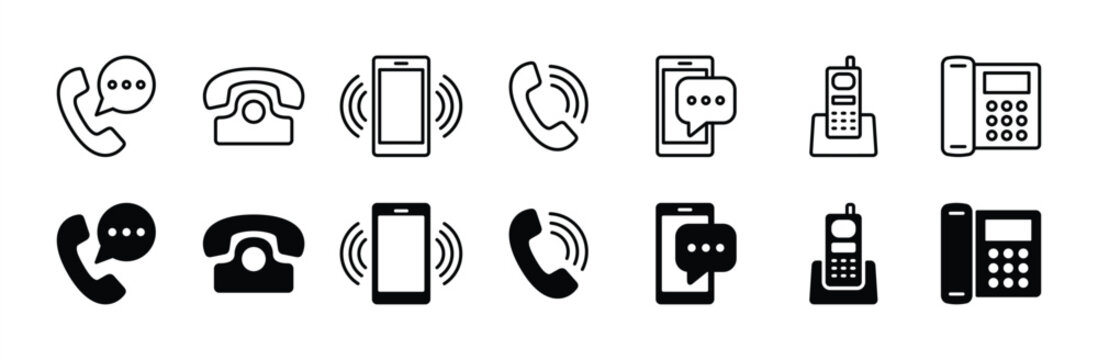 Phone thin line icon set. Sign and symbol of ringing cell phone, mobile, and smartphone. Containing telephone call center, contact us, communication. Vector illustration