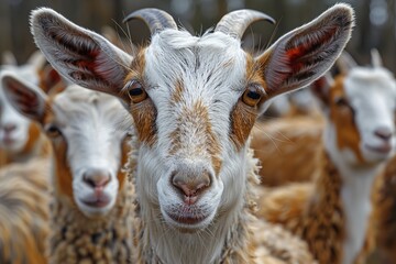 This detailed image shows a curious goat staring directly at the camera with a herd of goats softly blurred in the background, highlighting individuality