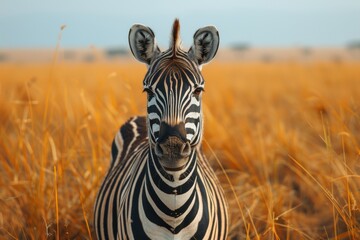 Fototapeta premium Perfectly poised zebra stands with striking patterns against the golden hues of the African savannah