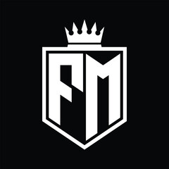 FM Logo monogram bold shield geometric shape with crown outline black and white style design