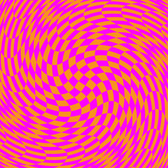Distorted chess board background. Visual chequered illusion. Dizzy psychedelic pattern with warped pink and orange squares. Trippy checkerboard surface. Vector flat illustration.