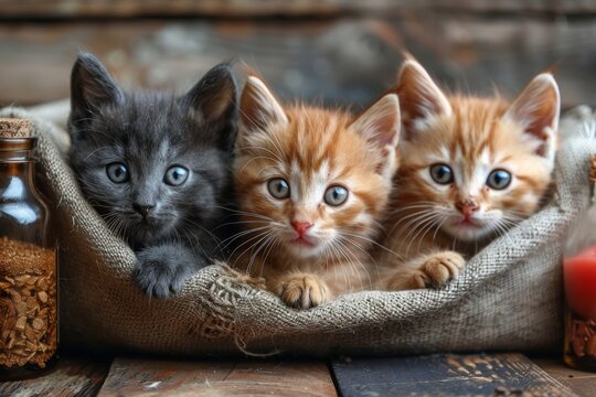 These irresistible kittens are snuggled closely together, showcasing their distinct fur patterns and captivating expressions
