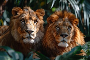 Fototapeta premium A captivating photo capturing the essence of wildlife with two lions, one male and one female, lying close together amid a rich green backdrop