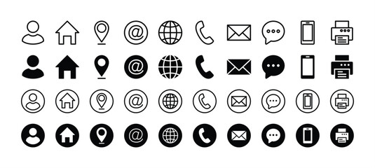 Business card contact information icon set. Containing name, address, location, mail, email, E-mail, chat speech bubble, website, telephone, cell phone, fax for app and website. Vector illustration