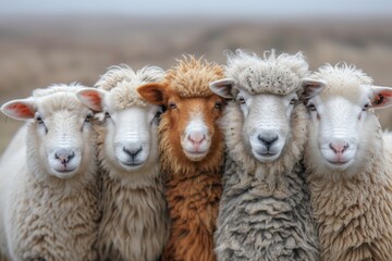 Fototapeta premium A charming portrait of four different breeds of sheep huddled together, showcasing their distinct wool and features