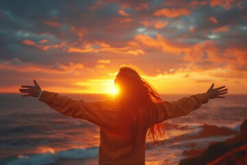 A carefree woman spreads her arms wide, embracing the dramatic sunset over a dynamic ocean landscape - obrazy, fototapety, plakaty