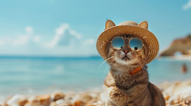 photo of a cat in sunglasses and hat with rubber ring sitting on sea beach with copy space summer vacation concept