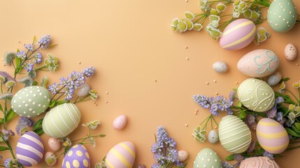 Photo of easter eggs with sweets and flowers on beige happy easter concept purple and green eggs, solid background
