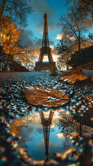 The Eiffel Tower in Paris reflected in a puddle of water
