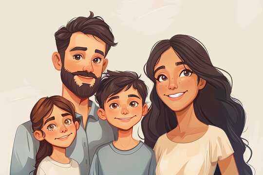 a cartoon drawing of a family posing for a picture