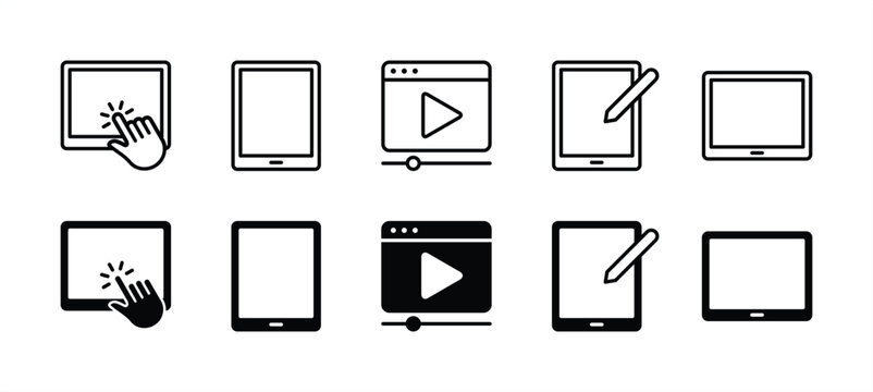 Tablet device icon set. Containing reading, click and play button, and pen tablet. Vector illustration