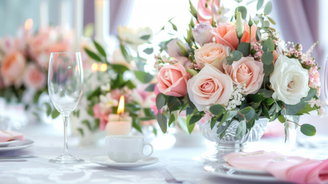 A table with a vase of flowers and wine glasses. The table setting is elegant and sophisticated, with a clear glass vase filled with pink and white flowers as the centerpiece
