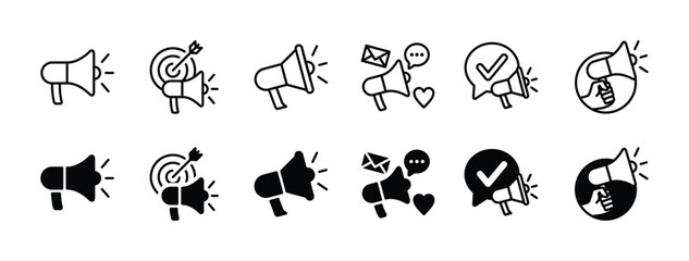 Loudspeaker megaphone icon set. Containing campaign, advertising, social media, promotion, communication, marketing, advertisement, announce. Vector illustration