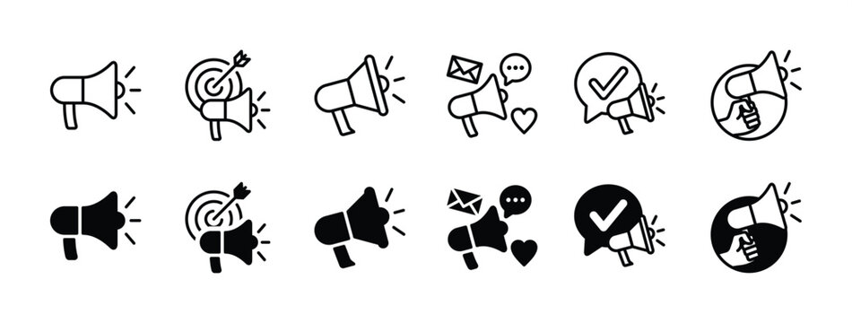 Loudspeaker megaphone icon set. Containing campaign, advertising, social media, promotion, communication, marketing, advertisement, announce. Vector illustration
