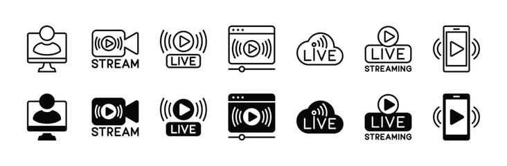 Live streaming broadcast online icon set. Containing video, camera, play, media, mobile, player, movie and cinema. Vector illustration - obrazy, fototapety, plakaty