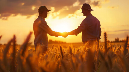 Two farmers making agreement with handshake in green wheat field. Agricultural business.
