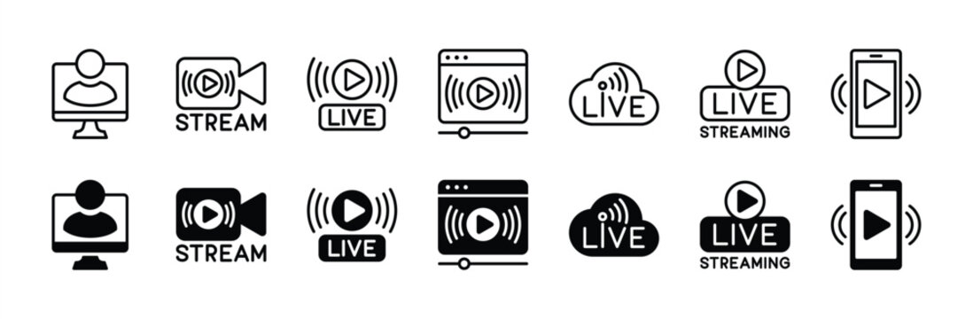 Live streaming broadcast online icon set. Containing video, camera, play, media, mobile, player, movie and cinema. Vector illustration