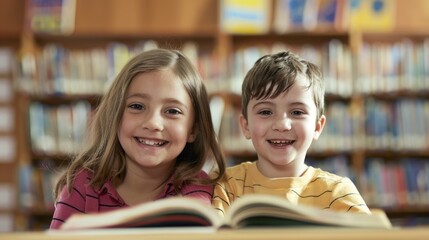 Portrait of 2 kids smiling while readings book in a library, light with soft boxes 