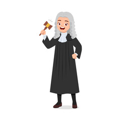 woman wearing judge costume and holding gavel hammer