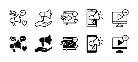 Social media icon set. Megaphone, device and loudspeaker. Containing promotional, marketing, public, communication. Vector illustration