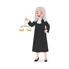 woman wearing judge costume and holding scale of justice