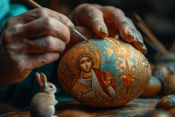 rabbit looking how an artist hand painted easter egg souvenir with Religious illustration