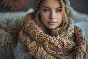 Woman styled in warm knitwear, portraying a snug and comfortable winter fashion