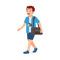 young traveler man walking and feel happy