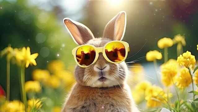 small white rabbit wearing sunglasses and standing in garden with daffodils, Easter vacations concept