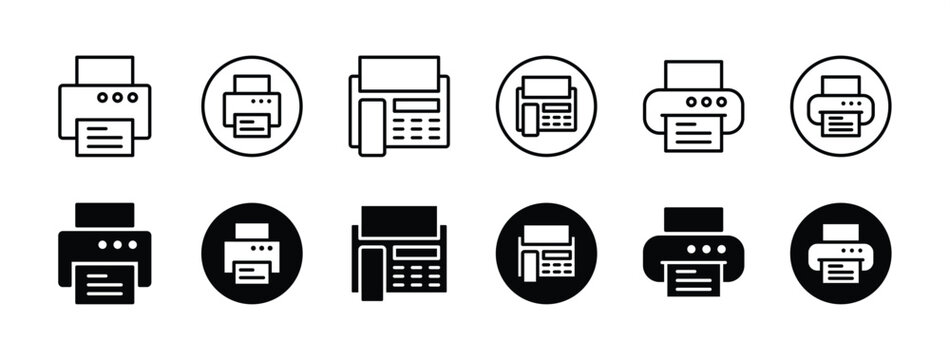 Print icon set. Printer and fax icon button. Containing printout, paper, machine, document in the office. Vector illustration