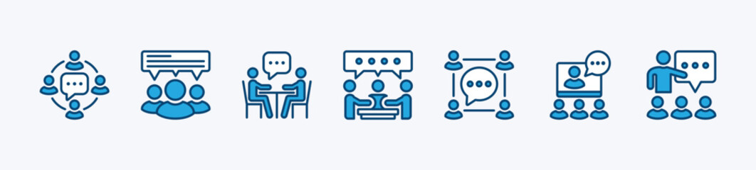 Set of speaking or communication icon. Containing group, chat speech bubble, meeting, discussion, conversation, talking, online video conference. Vector illustration