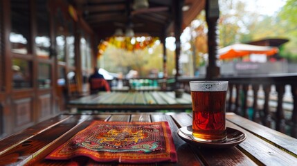 traditional Turkish cafe, unfinished tea in an armudu glass on a table outside 