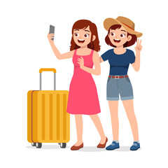 young woman and friend standing and ready for vacation