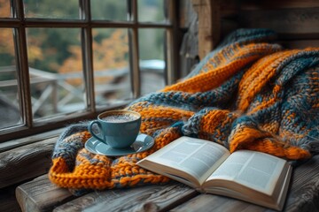 Obraz na płótnie Canvas Idyllic autumn setting with a hot cup of coffee beside an open book on a wooden table with a cozy knit blanket
